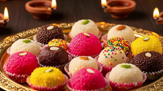 Assorted Indian sweets mithai on plate with lit diyas, traditional festive dessert for Diwali celebration concept