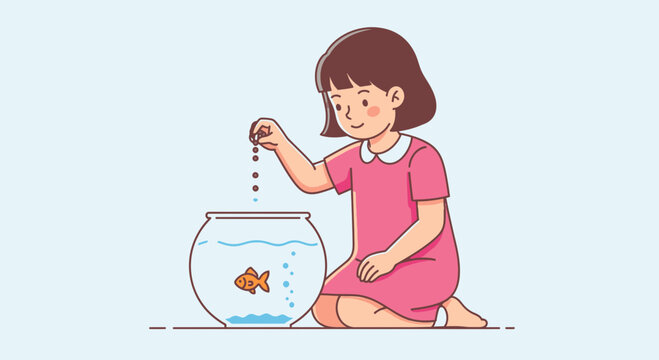Little girl feeding goldfish in bowl.