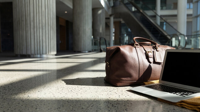 Detailed view of a classic leather travel bag beside a laptop with a yellow accent in a modern, sunlit hall.