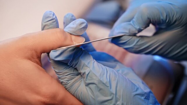 Close-up of a manicure technician in blue gloves filing a client&rsquo;s fingernail in a beauty salon. Clean, precise hand care and professional grooming service.