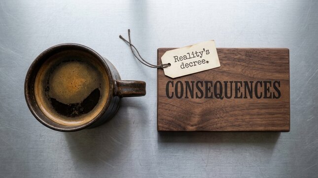 A cup of coffee sits beside a wooden block with the word 'CONSEQUENCE' and a tag stating 'Reality's decree.'