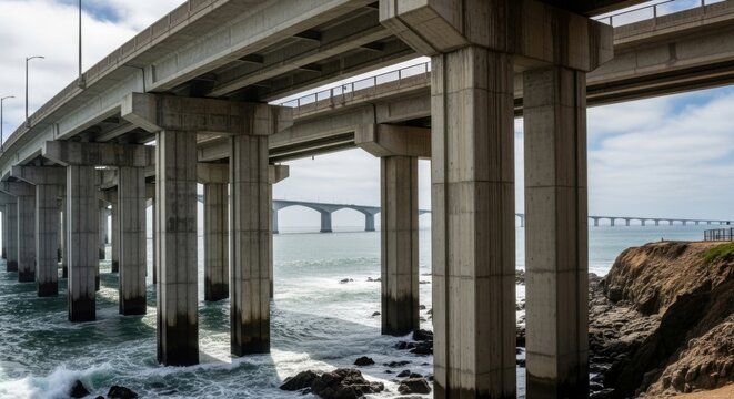 Massive Concrete Bridge Piers Support Elevated Highway Over Ocean Waves