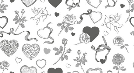 Fototapeta premium Valentines day pattern of hearts roses ribbons and cupids on white background