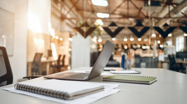 Empty modern office space featuring a laptop and notebooks on a white table bathed in warm morning light.
