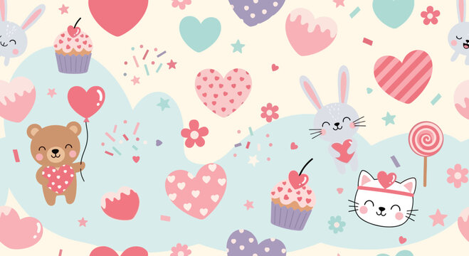 Valentines day themed seamless pattern with cute animals and hearts