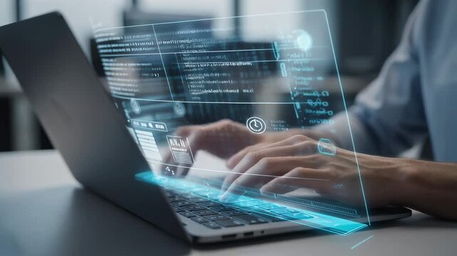 Close up of hands typing on laptop keyboard with futuristic digital coding interface technology