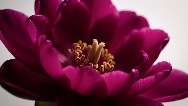 Macro push-in on vibrant blossom stamen with golden pollen dust. Volumetric light sculpts ancient wisdom
