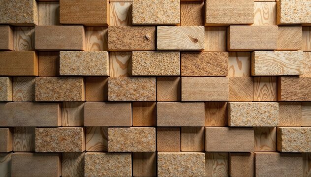Cubic wood block wall, natural tones Modern, textured background , brown, elegant