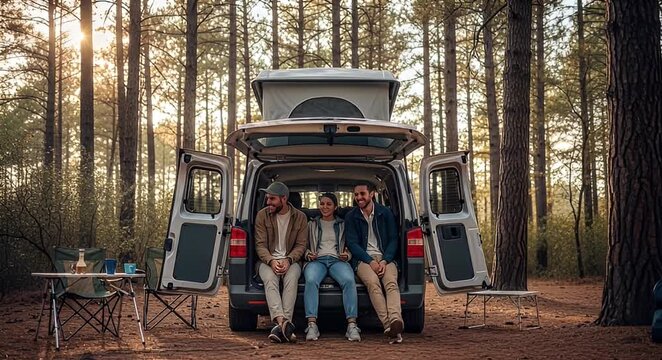 Friends relaxing in van at forest campsite sunlight and nature scene