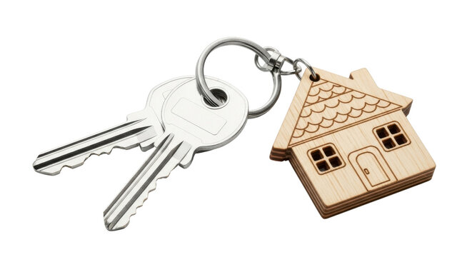 Two silver keys attached to a wooden house shaped keychain on black home, Isolated On Png Transparent Background