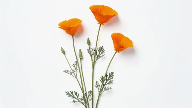 Bright orange California poppy flowers with green stems and leaves on white background