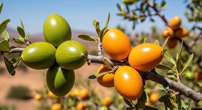 A branch of argan trees displays a cluster of argan fruits. The fruits are a mix of green and orange hues.