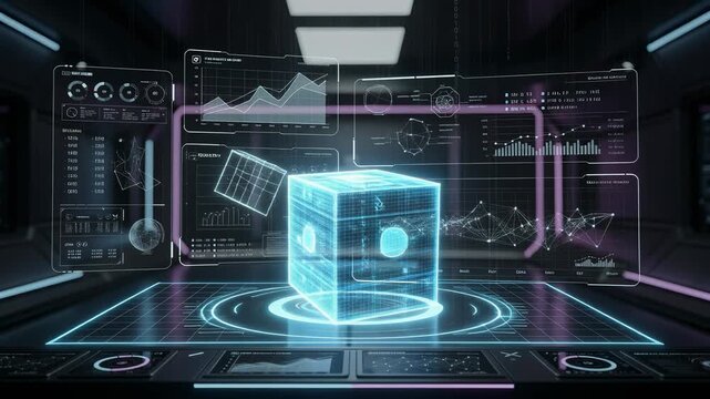 Futuristic holographic interface displaying digital cube and analytics data with glowing neon light in modern tech environment