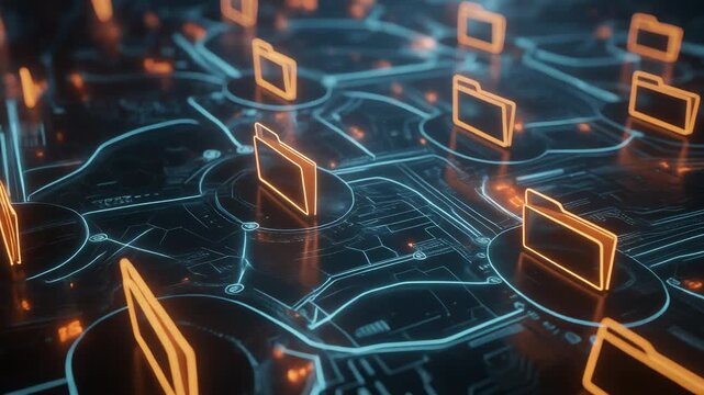 Digital network with glowing file folder icons representing data storage and information technology concept