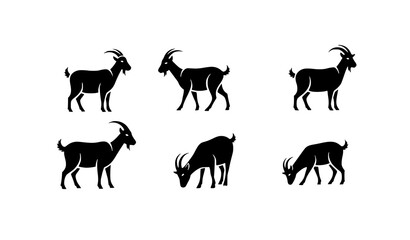 Fototapeta premium Minimal goat silhouette icons farm animal vector set with simple poses isolated on white background