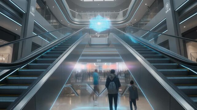 Futuristic shopping mall interior with glowing blue escalators and modern architecture with people walking