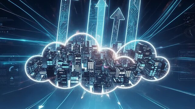 Futuristic smart city in glowing cloud with digital arrows representing data growth and technology innovation