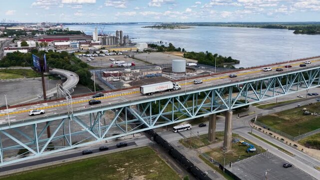 Aerial footage of the Commodore Barry Bridge over the Delaware River at Subaru Park in Chester Pennsylvania USA