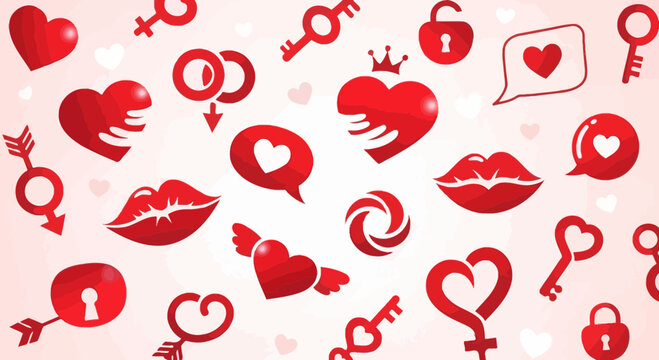 Valentines day vector set with hearts keys locks arrows on pink background