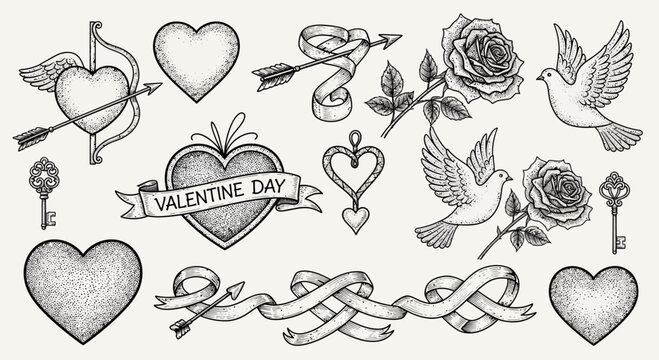 Valentines day vector set hearts roses doves ribbons and keys