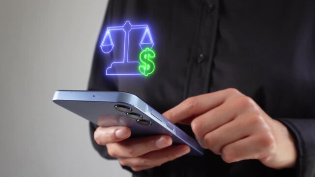 Financial balance. Businesswoman holding a smartphone with a virtual scale icon and a dollar sign.