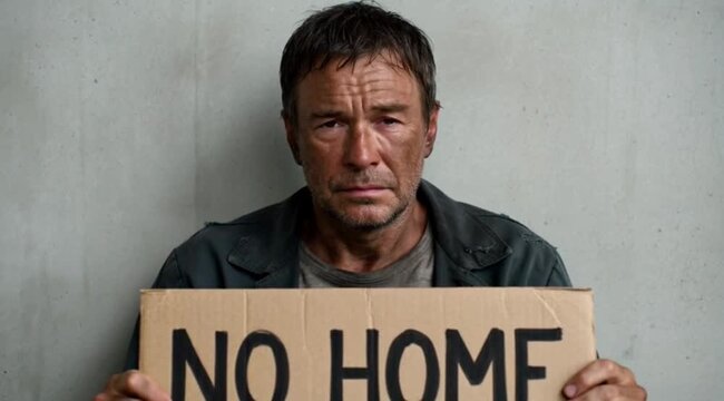 Homeless man with a dirty face holds a "NO HOME" sign, seeking help and expressing his situation.