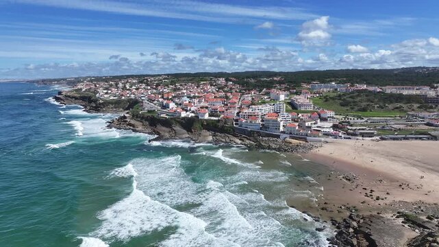 Apple Beach At Sintra In Lisbon District Portugal. Beach Landscape. Nature Seascape. Travel Destination. Apple Beach At Sintra In Lisbon District Portugal. Turquoise Water.