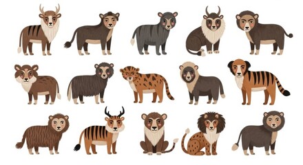 Fototapeta premium Playful illustration of 15 wild animals in various poses on white background including lion tiger bear and more for educational or decorative use