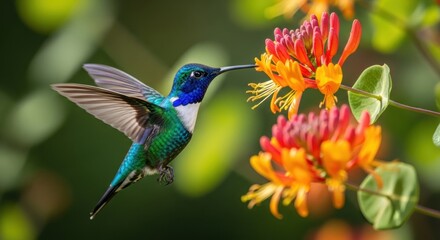 Obraz premium Hummingbird feeding on vibrant orange red tubular flowers in flight with green leaves and blurred background