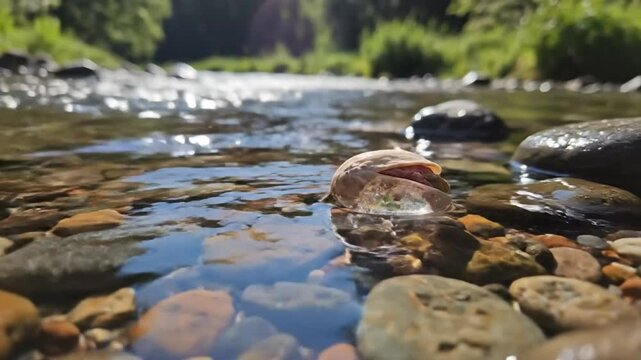 Open pistachio nut shell floating in clear, shallow water of a flowing stream on a sunny day