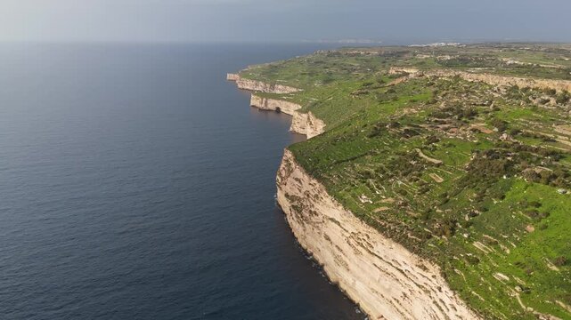 Dingli Cliffs, Malta, feature dramatic rocky sea cliffs and terraced green fields along the Mediterranean coastline, captured from an aerial perspective on a clear winter day.