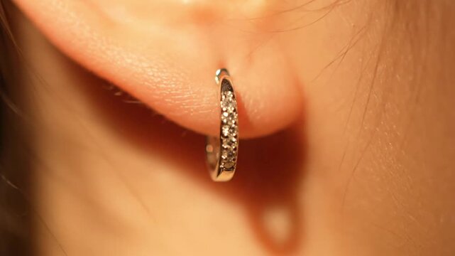 Elegant diamond hoop earring on a woman's earlobe, showcasing delicate jewelry.