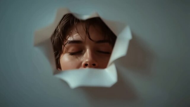 目と紙の破れ目が好奇心と不信感を同時に感じさせる動画素材