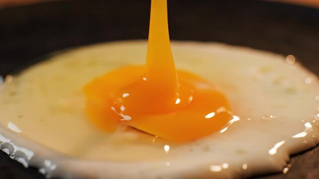 Golden Egg Yolk Drips into White on Pan