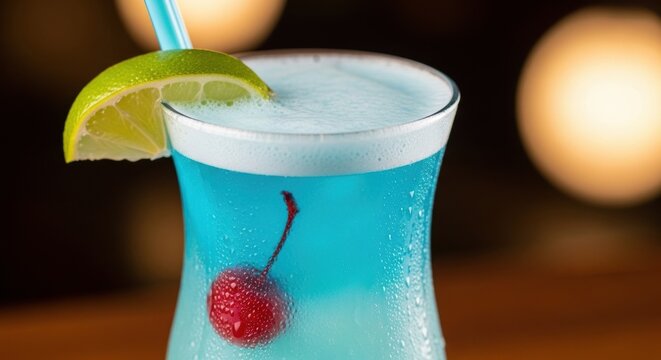 Blue cocktail with lime wedge and cherry on wooden bar with blurred lights