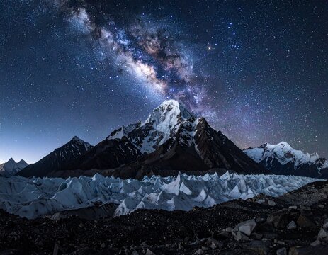 Panoramic nightscape of K2 mountain over Concordia glacier. Milky Way galaxy arching behind sharp pyramidal peaks with deep focus glacial textures. Concept for achievement and scale.
