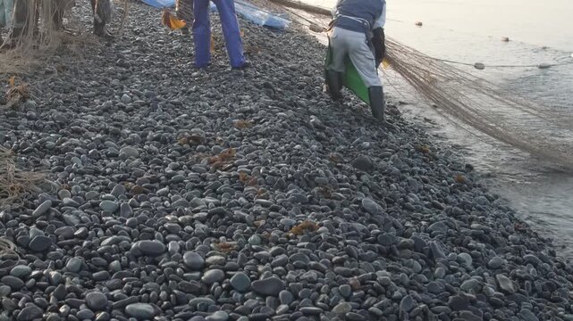 海岸から網を引く漁師