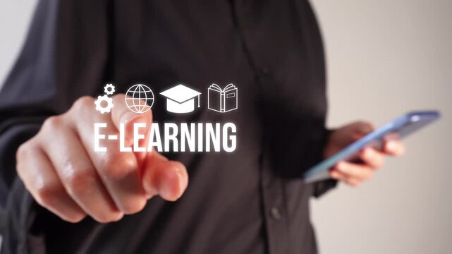 A businesswoman holding a smartphone while pointing forward. Animation of the word "e-learning" with icons of a globe, gears, graduation cap, and book. Online education.