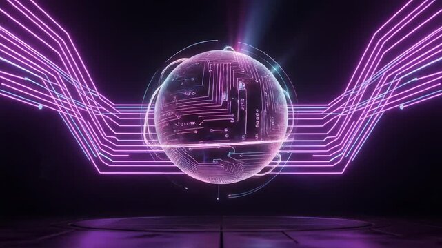 Futuristic digital technology concept with glowing circuit globe and neon light lines in dark space