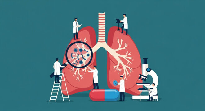 World Bronchiectasis Day Medical professionals examining lungs and bacteria in a scientific research lab, depicting healthcare and medical science innovation