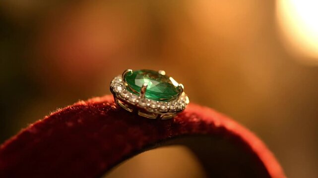 Exquisite emerald and diamond ring sparkling on red velvet display