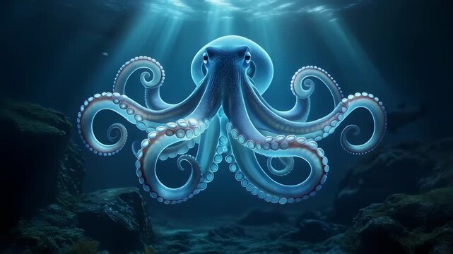 Beautiful underwater octopus with glowing tentacles in deep ocean wildlife scene