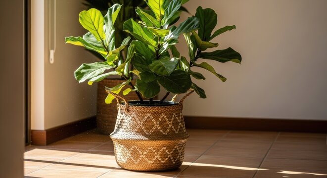 A lush fiddle leaf fig tree potted in a decorative woven basket planter, casting gentle shadows on the floor.
