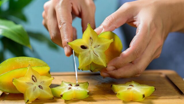 Person carefully slicing bright yellow carambola fruit into decorative star shapes for garnish