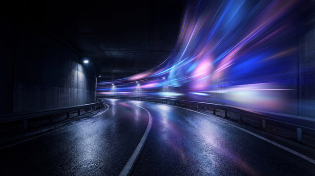 Long exposure photograph inside a futuristic curving tunnel with vibrant blue and purple light streaks.