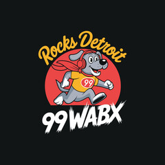 Fototapeta premium Cartoon dog wearing headphones and bandana, running with radio station logo, rocks detroit 99wabx