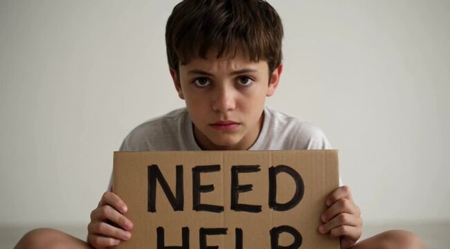 Vulnerable young boy holds a handmade cardboard sign appealing desperately for much needed help
