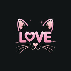 Fototapeta premium Sparkly pink glitter love text with cat ears and whiskers on dark background