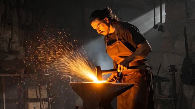 A blacksmith forges metal on an anvil, sparks flying.  The artisan works in a dimly lit workshop
