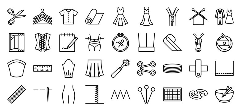 Tailoring and Fashion Design Outline Symbols Featuring Minimalist Geometric Line Art for Textile Manufacturing and Garment Construction